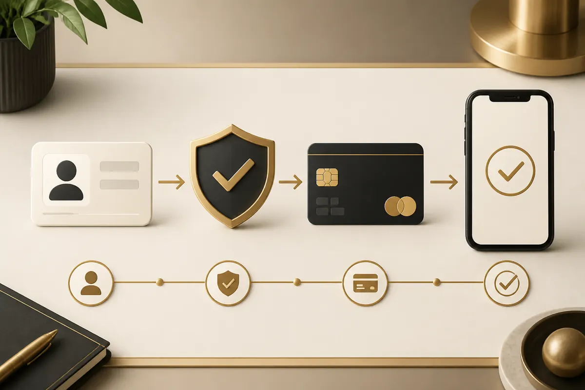 Secuencia visual de identidad, verificación, pago y acceso móvil