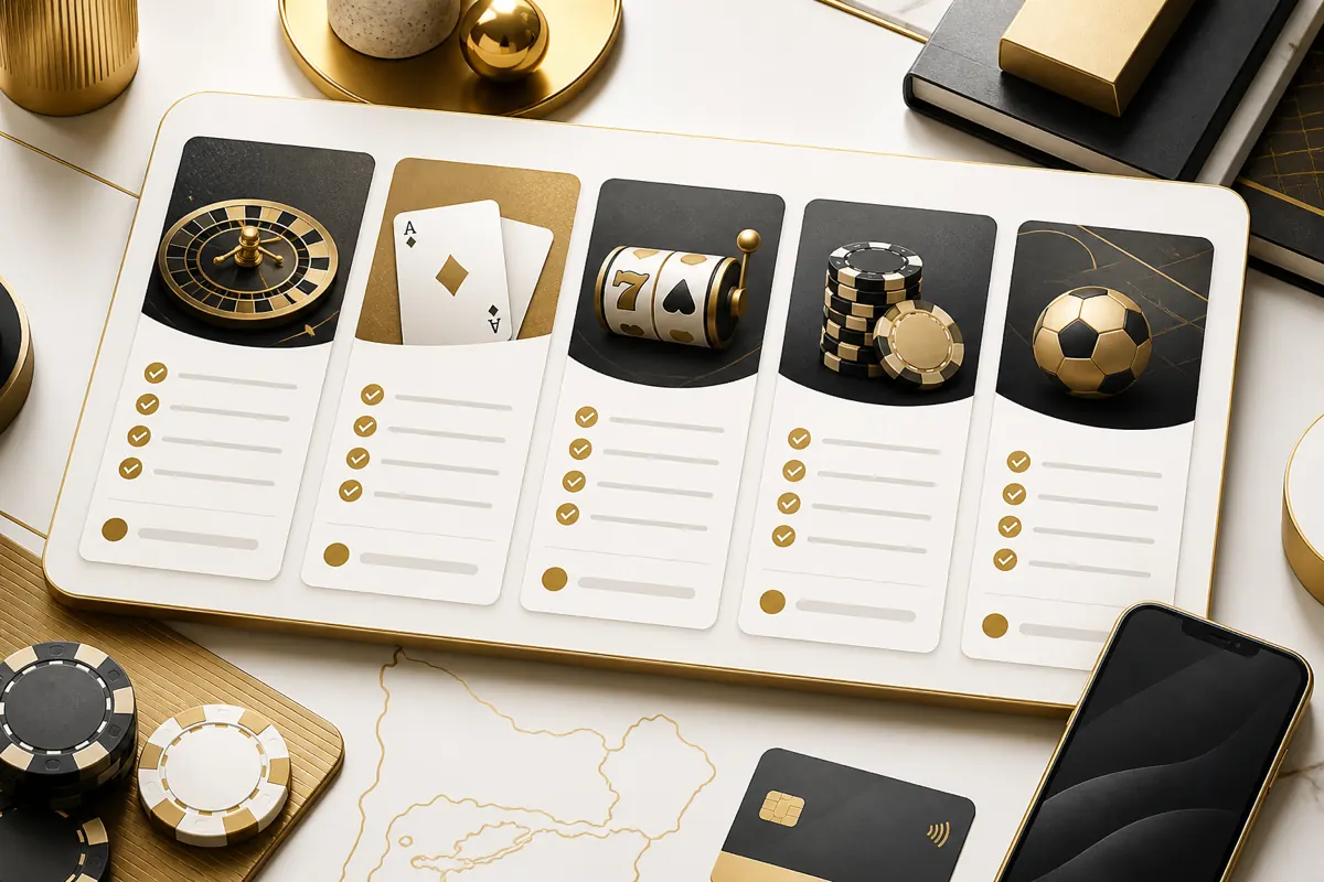 Composición editorial de fichas comparativas, cartas, ruleta y medios de pago