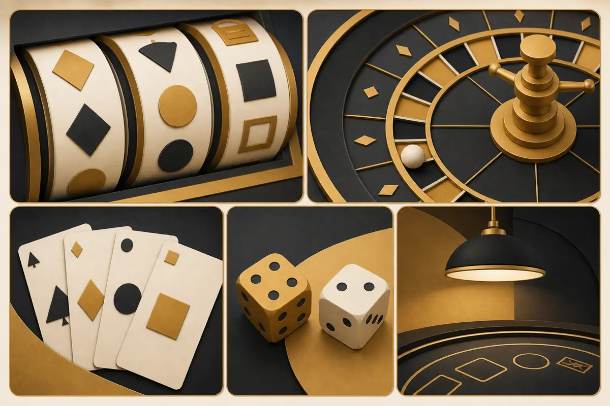 Mosaico editorial con tragamonedas, ruleta, cartas, dados y mesa de casino