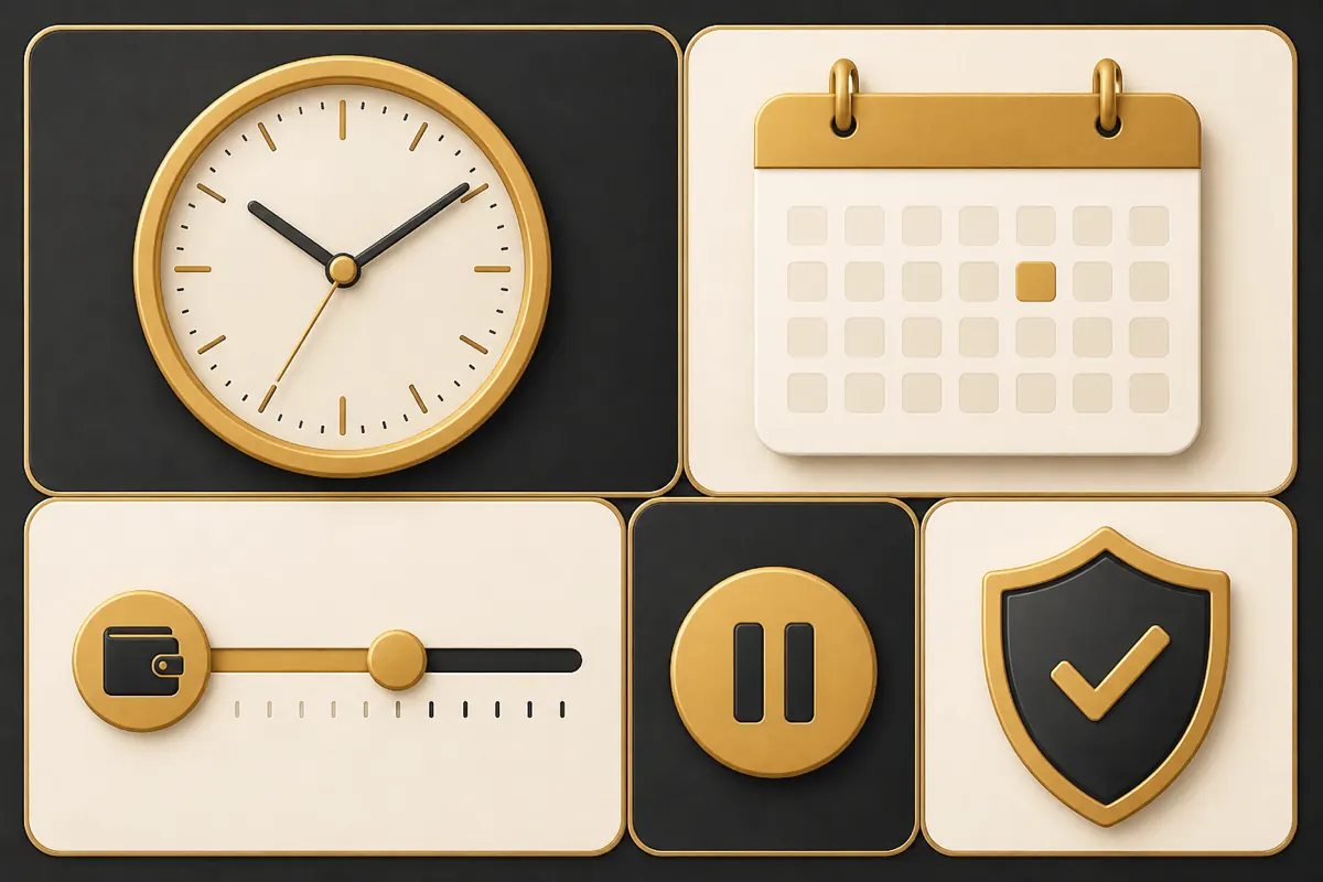 Reloj, calendario, control de gasto, pausa y escudo de protección